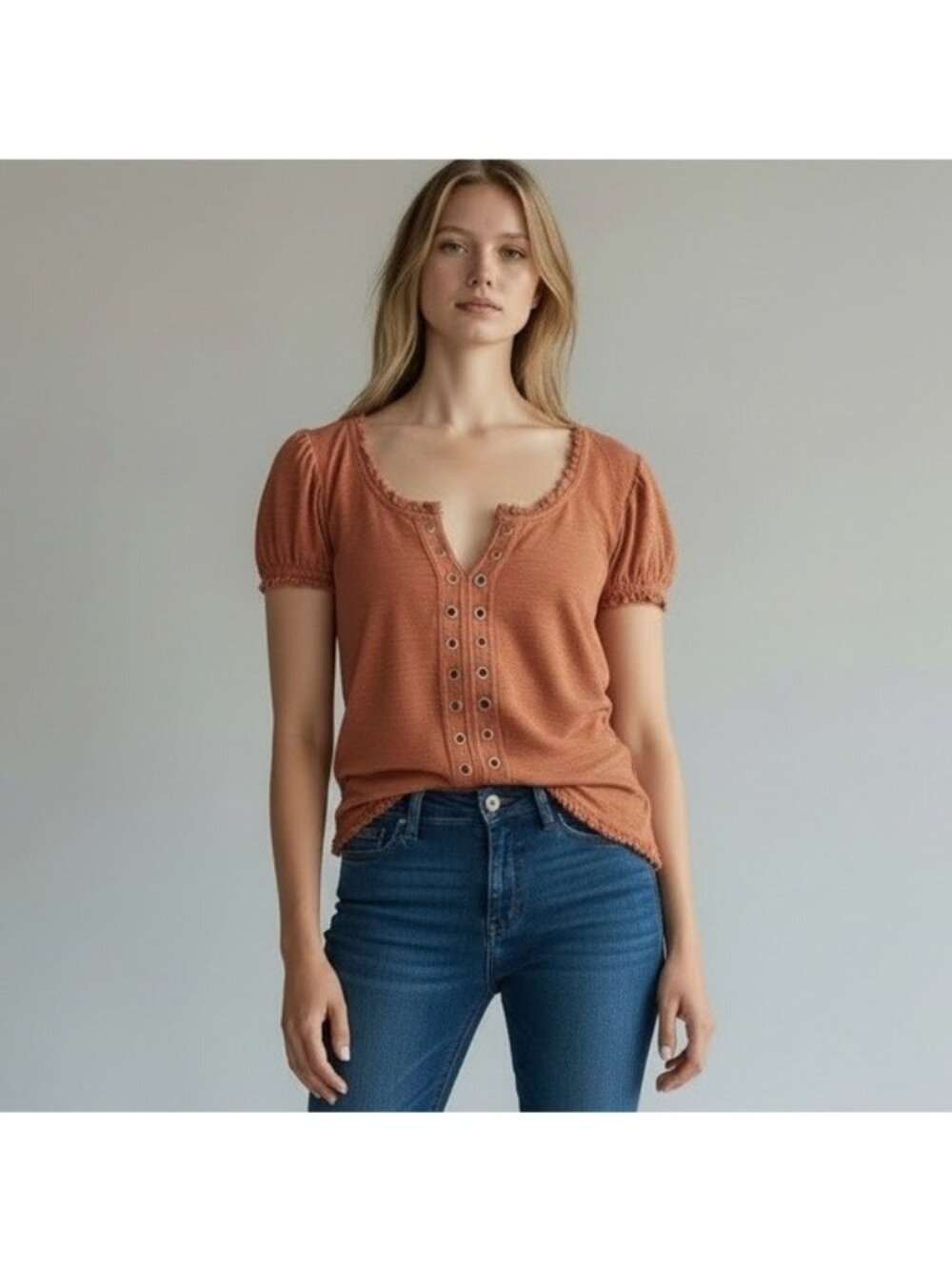 Anthropologie Pilcro Grommet Puff Sleeve Top Mango M NWT